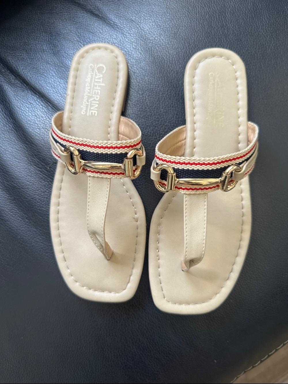 Catherine Malandrino Beige Thong Sandals with Navy & Red Trim and Gold Accents